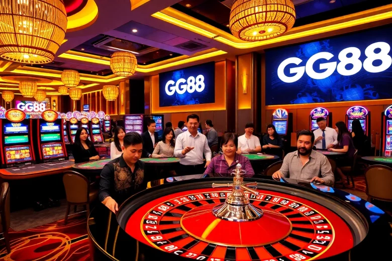 Experience thrilling action at GG88 casino with vibrant slot machines and a roulette wheel.