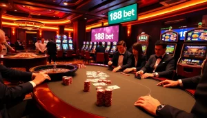 Experience the thrill of 188 bet at a luxurious casino table with poker chips and cards.