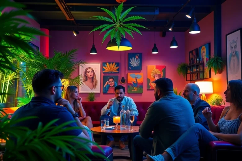 Membres du social club espagne se détendent lors d'une réunion conviviale en intérieur, entourés de plantes.