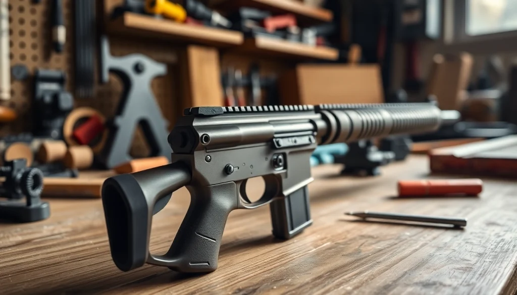 Showcase of a super safety trigger for sale, highlighting craftsmanship and precision engineering on a workbench.