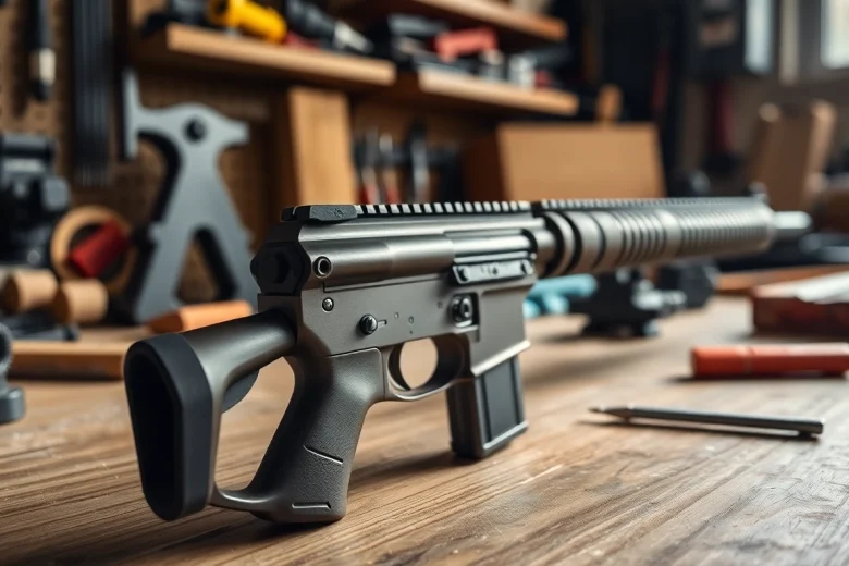 Showcase of a super safety trigger for sale, highlighting craftsmanship and precision engineering on a workbench.