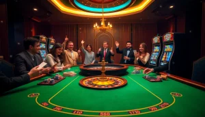 Players enjoying an exciting game at the ok365 casino with vibrant slot machines and poker tables.