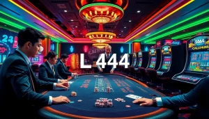 L444 gamblers enjoying thrilling online casino games with vibrant slot machines and exciting poker tables.
