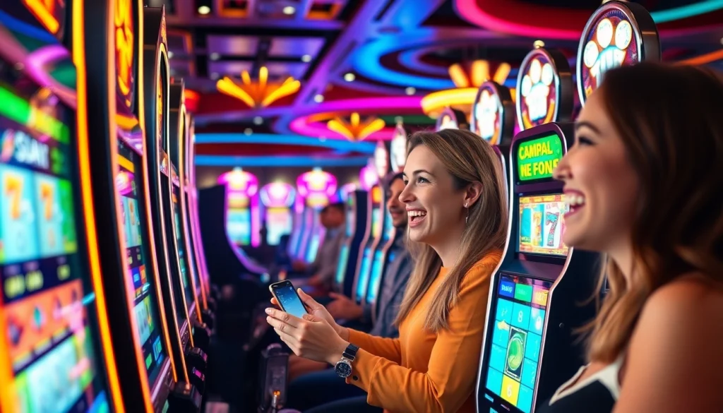 Menggambarkan pengalaman bermain Istana777 dengan pemain yang gembira di mesin slot.