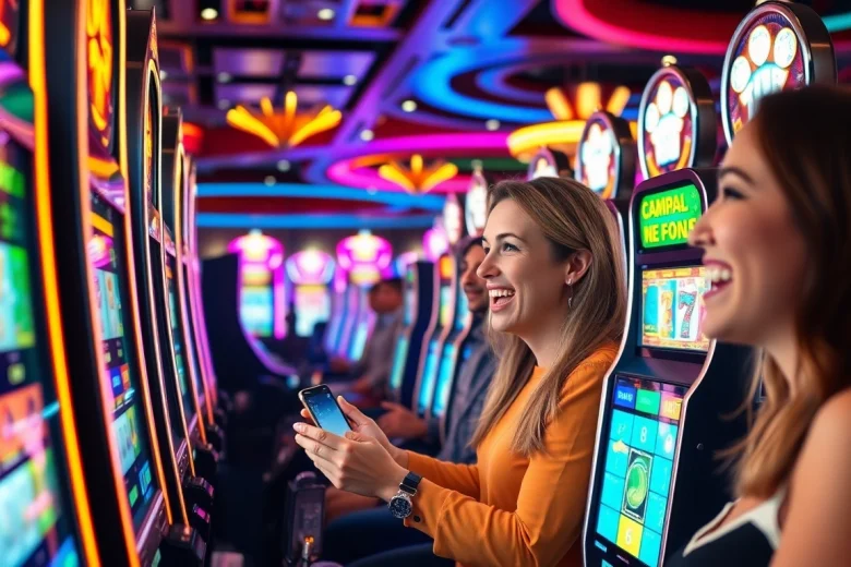 Menggambarkan pengalaman bermain Istana777 dengan pemain yang gembira di mesin slot.