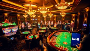 Players engaging at luck8 casino tables with vibrant slot machines in an elegant setting.