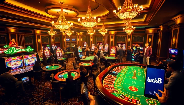 Players engaging at luck8 casino tables with vibrant slot machines in an elegant setting.