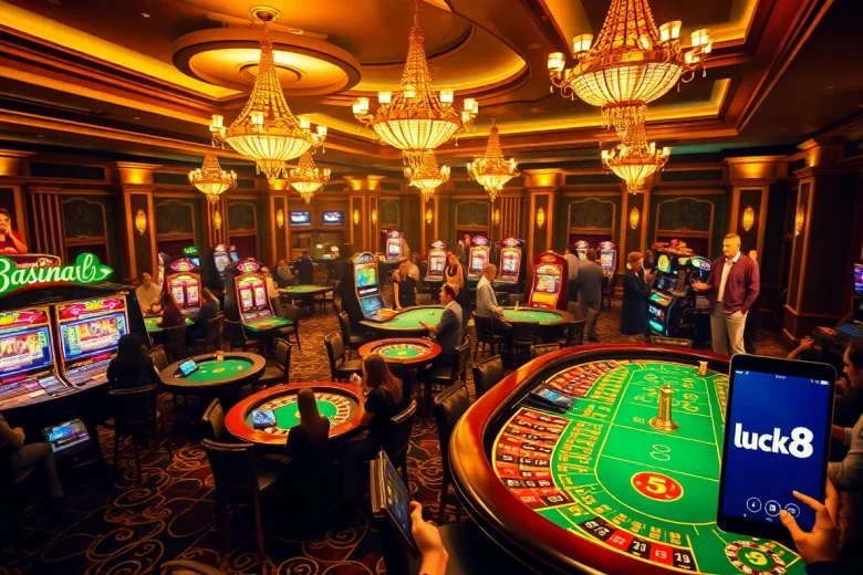 Players engaging at luck8 casino tables with vibrant slot machines in an elegant setting.