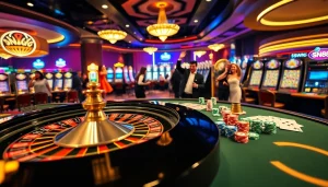 Engaging casino scene featuring SN888 with poker chips, roulette wheel, and players celebrating.