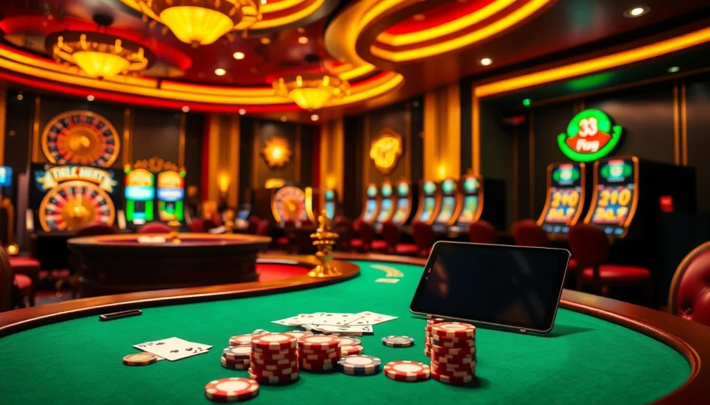 Experience high-stakes excitement with 33win com highlighted in a luxury casino environment.