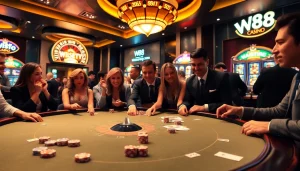 Experience the thrill of W88 at a luxurious casino table with vibrant gaming elements.