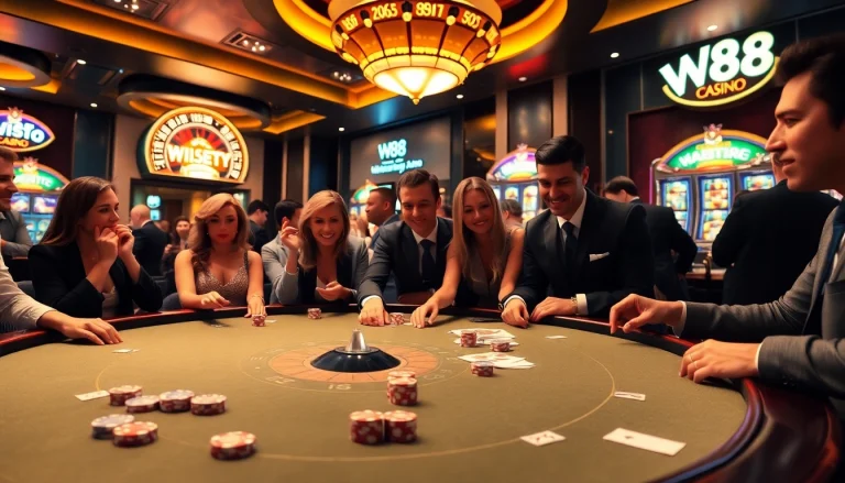 Experience the thrill of W88 at a luxurious casino table with vibrant gaming elements.