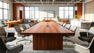 Showcasing modern Conference tables in a well-lit office with ergonomic seating.