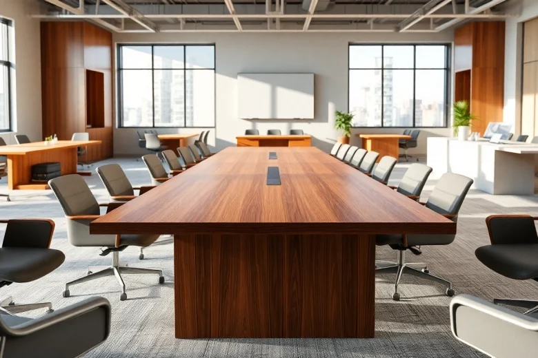 Showcasing modern Conference tables in a well-lit office with ergonomic seating.