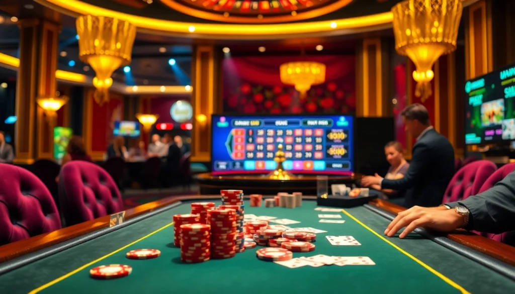 Exciting poker gameplay scene at shbet casino featuring vibrant chips and cards.