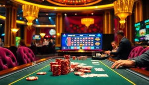 Exciting poker gameplay scene at shbet casino featuring vibrant chips and cards.
