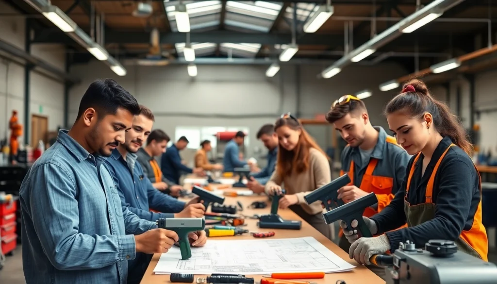 Students practicing skills at trade schools in southern California in a modern workshop.
