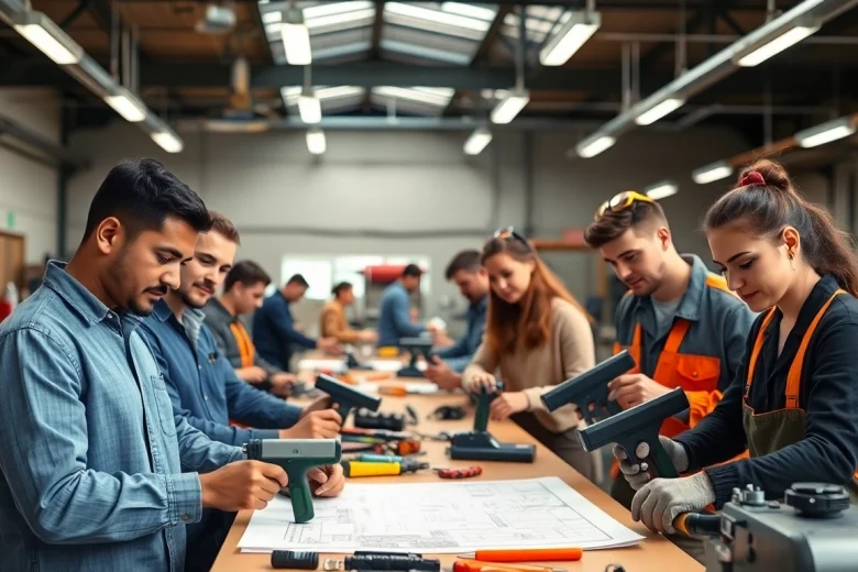 Students practicing skills at trade schools in southern California in a modern workshop.