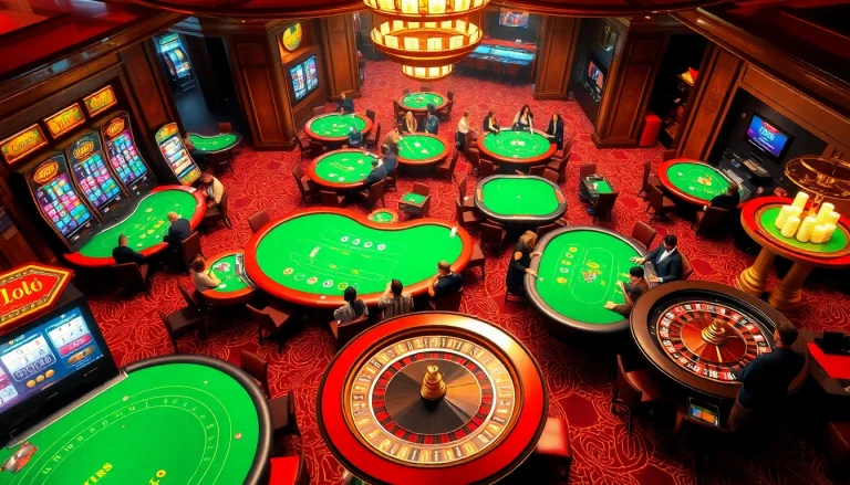 Exciting casino atmosphere featuring VN88 branded tables and slot machines, showcasing intense gameplay.
