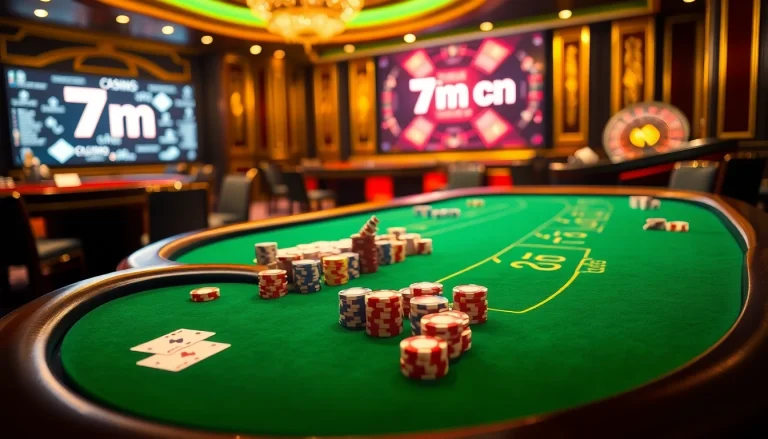 Engaging overview of a vibrant casino scene featuring "7m cn" online gambling interfaces with poker tables and roulette wheels.