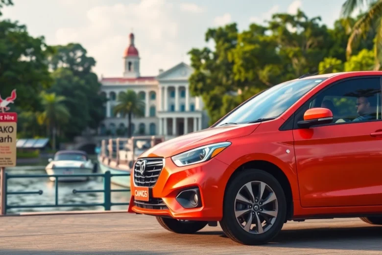 Experience car hire in Kuching with a scenic waterfront view featuring a rental car against lush greenery.