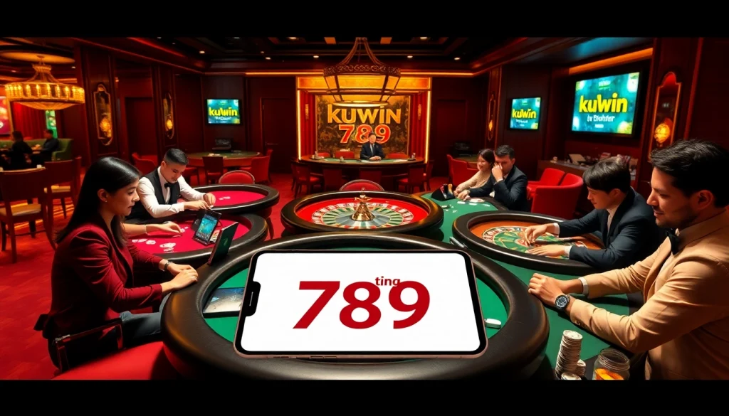 Kuwin 789 gaming scene with players engaging in poker and roulette, showcasing an exciting casino atmosphere.
