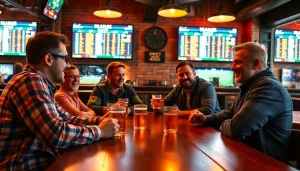 Engaged group enjoying sports betting Oklahoma at a lively pub with screens showing games.