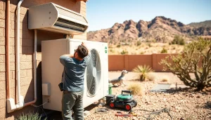 Technician performing ac repair in Phoenix AZ amidst desert surroundings under natural light.