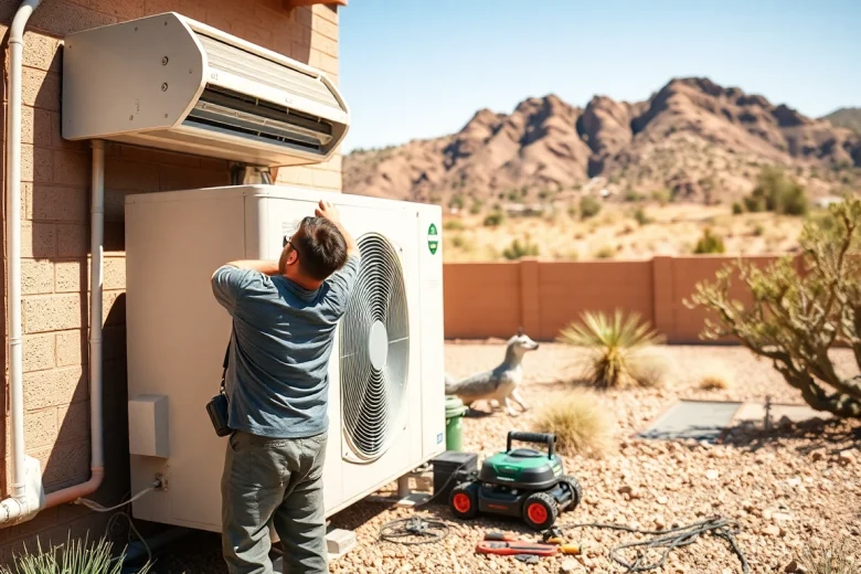 Technician performing ac repair in Phoenix AZ amidst desert surroundings under natural light.