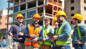 Highlighting careers in construction, workers actively collaborating on a busy building site.