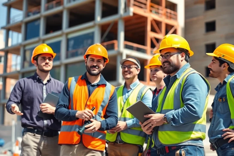 Highlighting careers in construction, workers actively collaborating on a busy building site.
