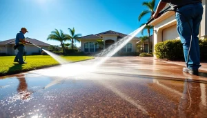 Professional pressure wash service revitalizing a driveway, showcasing sparkling clean surfaces in Kissimmee, FL.
