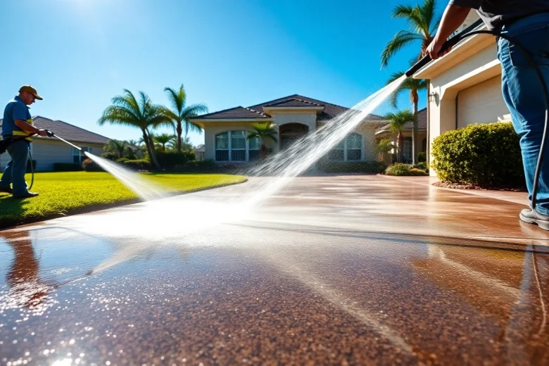 Professional pressure wash service revitalizing a driveway, showcasing sparkling clean surfaces in Kissimmee, FL.
