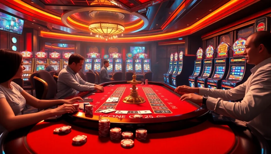 Exciting scene at King88 vina casino with players betting at tables, showcasing vibrant gaming activity.