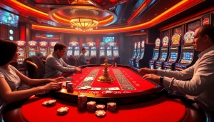 Exciting scene at King88 vina casino with players betting at tables, showcasing vibrant gaming activity.