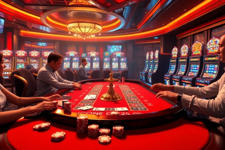 Exciting scene at King88 vina casino with players betting at tables, showcasing vibrant gaming activity.