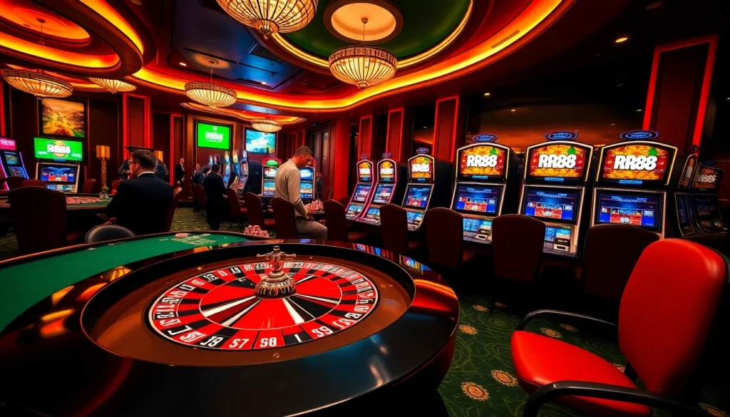 RR88 players enjoying a thrilling game at a luxurious casino table with vibrant slot machines.