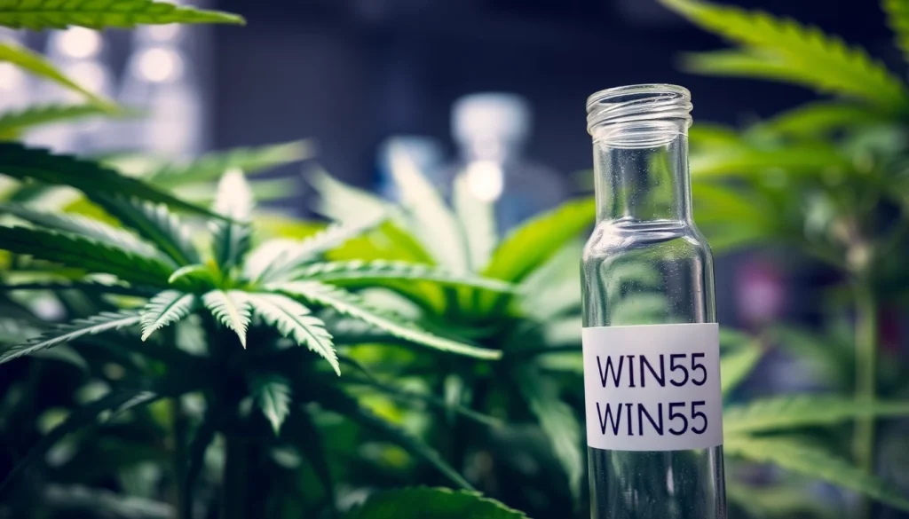 WIN55 cannabinoid research with cannabis leaves and laboratory vial.