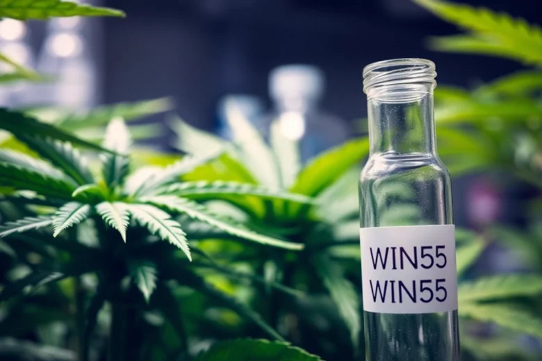 WIN55 cannabinoid research with cannabis leaves and laboratory vial.