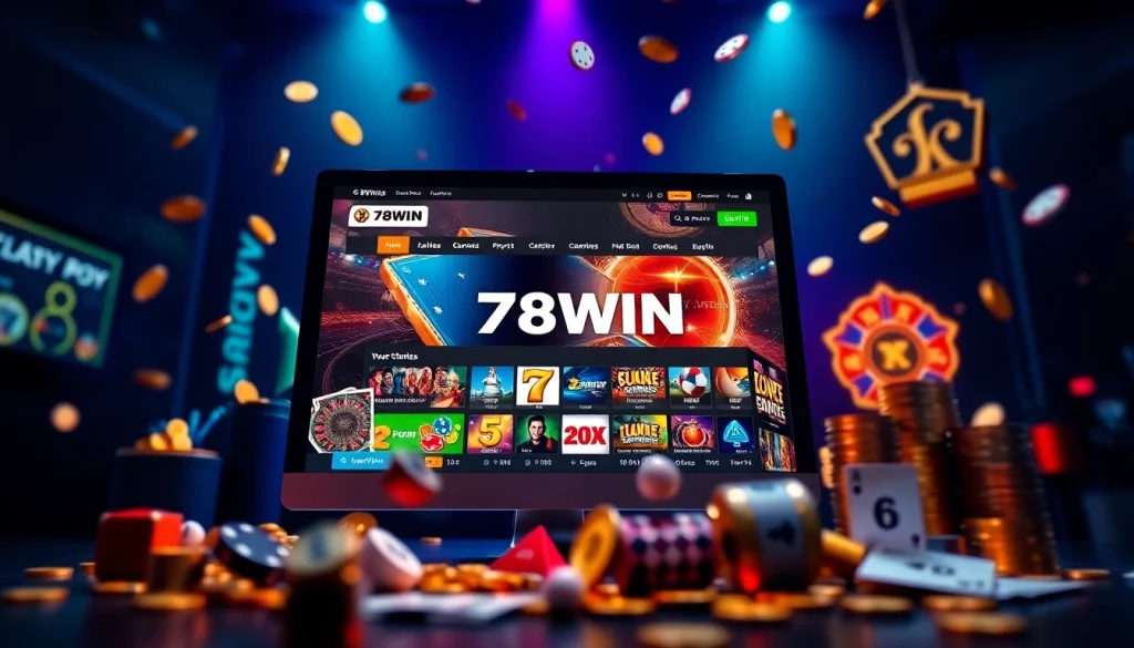 Engaging desktop view of the เจ้ามือรับแทง 78WIN online betting platform with casino games and vibrant graphics.