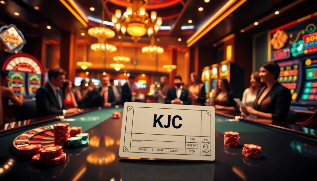 KJC players enjoying exciting casino games with poker chips and a roulette wheel in a luxurious setting.