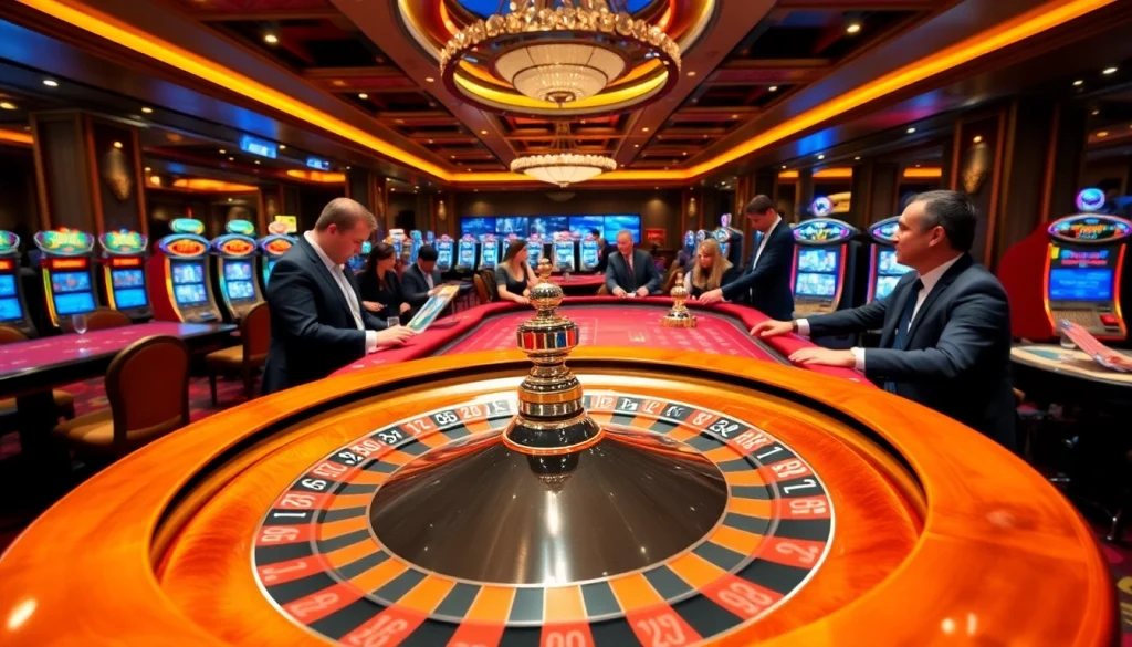 Engaging scene at a luxurious casino emphasizing online gambling at https://789betg.com/ with players at the roulette table.