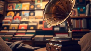 Showcasing gramaphone records with a vintage gramophone in a cozy music shop setting.