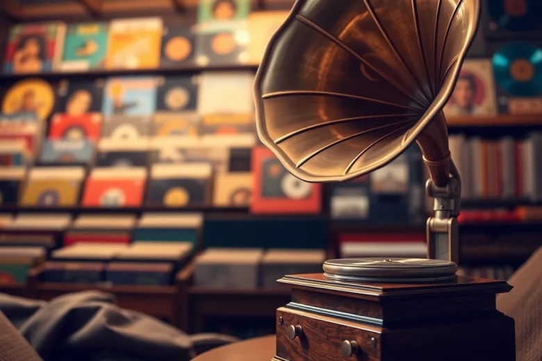 Showcasing gramaphone records with a vintage gramophone in a cozy music shop setting.