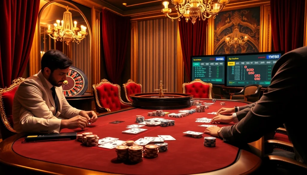 High-stakes poker scene showcasing MM88's thrilling casino atmosphere with elegant cards and chips.