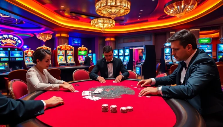Engaged players strategizing poker at https://9dbett.com.br, with vibrant casino elements in the background.
