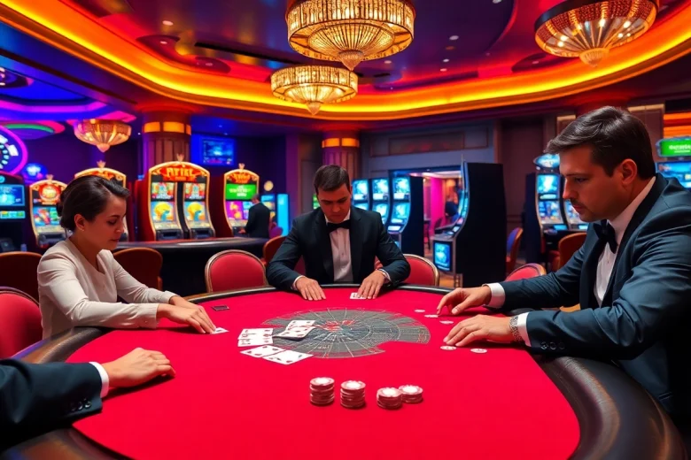 Engaged players strategizing poker at https://9dbett.com.br, with vibrant casino elements in the background.