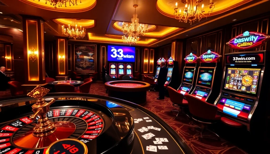 A vibrant casino atmosphere featuring players at tables and slots, highlighting engaging action at 33win com.