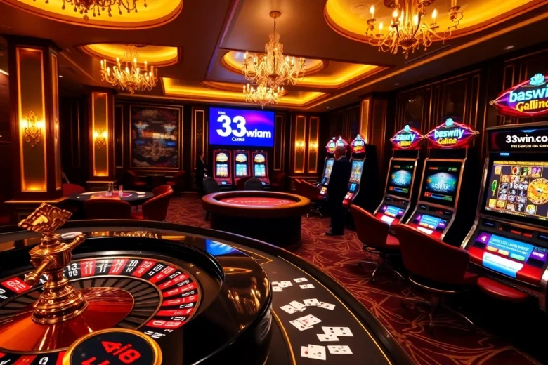 A vibrant casino atmosphere featuring players at tables and slots, highlighting engaging action at 33win com.