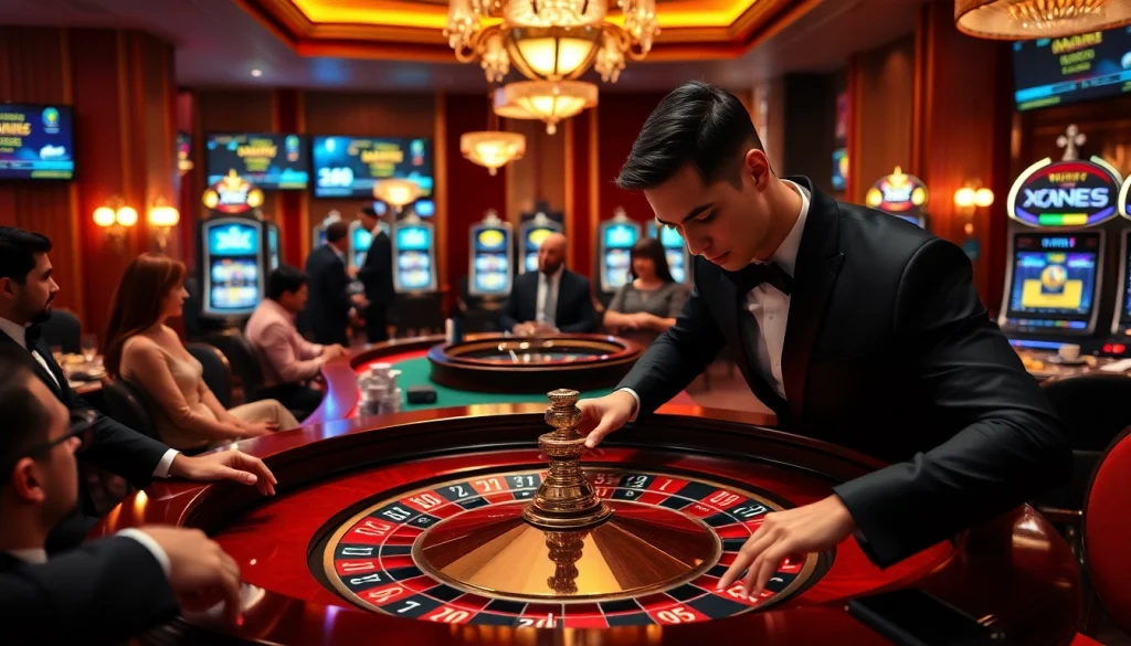 Experience the excitement of XN88 with a luxurious roulette table and engaging gamblers in a vibrant casino atmosphere.